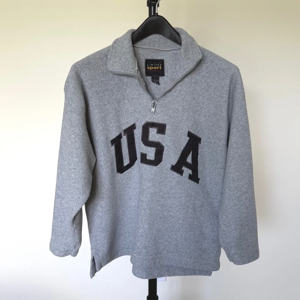 90's Limited Sport USA Quarter Zip Fleece Pullover Gray Women's Large L‎ Top